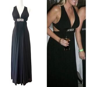 BCBGMaxAzria Lexie Beaded Jeweled Cocktail Maxi Long Dress Gown in Black XS